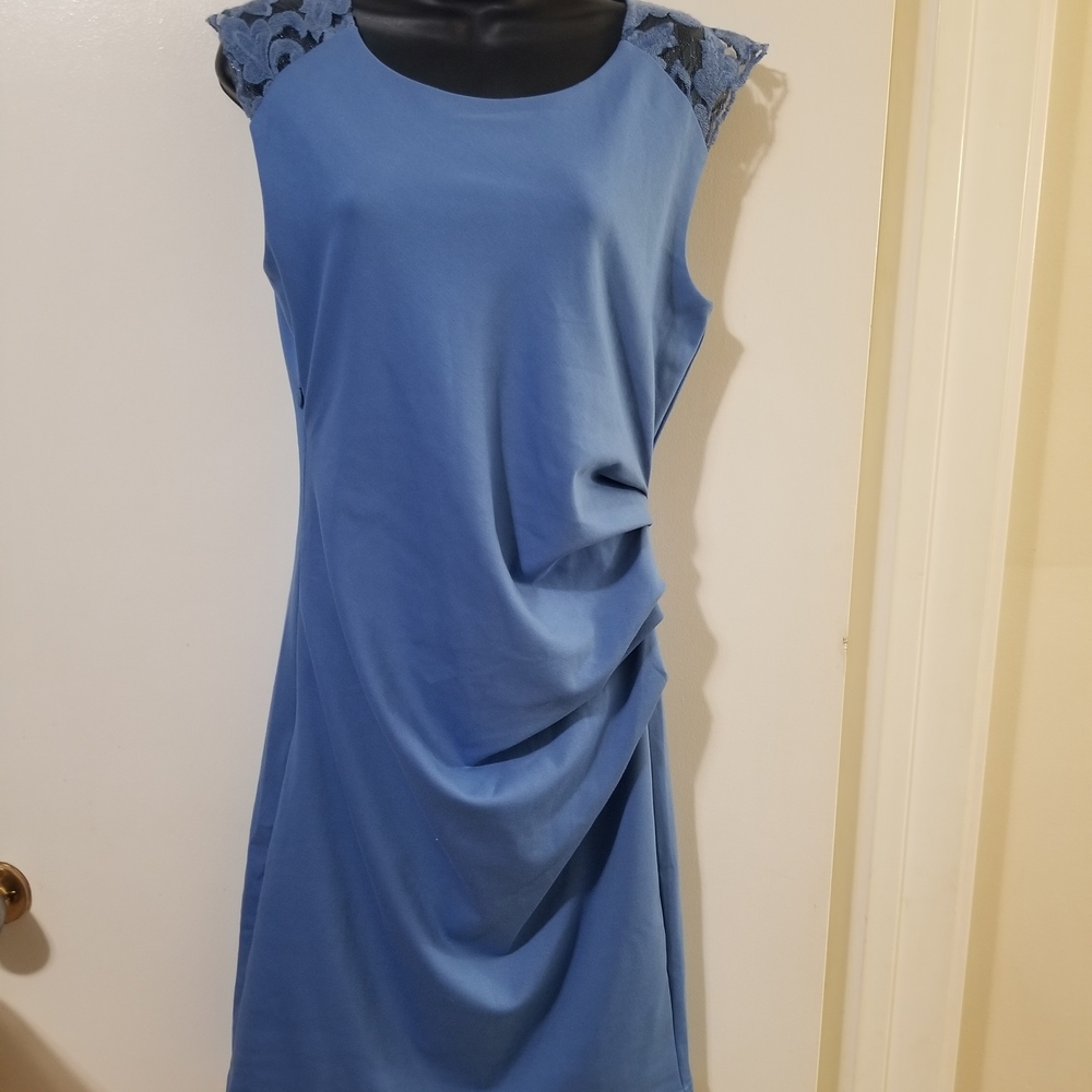 Kaffe Ruched Sleeveless Blue Dress Lace Shoulder Detail Size M